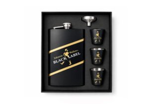 El Set Premium Black Label Petaca A. Inoxidable, 3 vasos cortos tipo shot